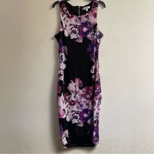 Jennifer Lopez Black with Purple and Pink Floral Sheath Sleeveless Dress